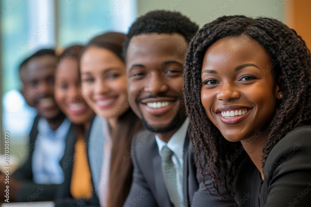 A group of Black professionals smiles happily while participating in a team presentation. They appear engaged and collaborative, showcasing a positive atmosphere in a modern meeting space.