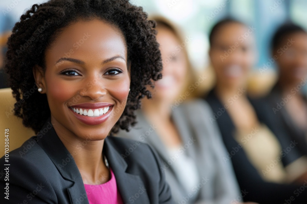 A group of black professionals is engaged and smiling during an interactive presentation in a modern office setting. Their expressions reflect enthusiasm and camaraderie.