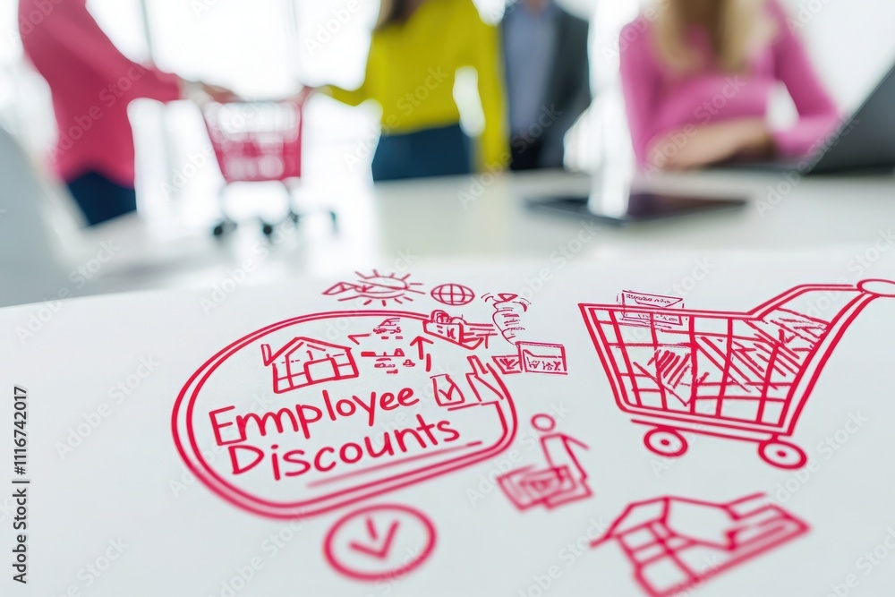 A group of employees engages in a discussion about employee discounts while referencing visuals on a table. Bright colors and a casual atmosphere enhance collaboration and creativity.