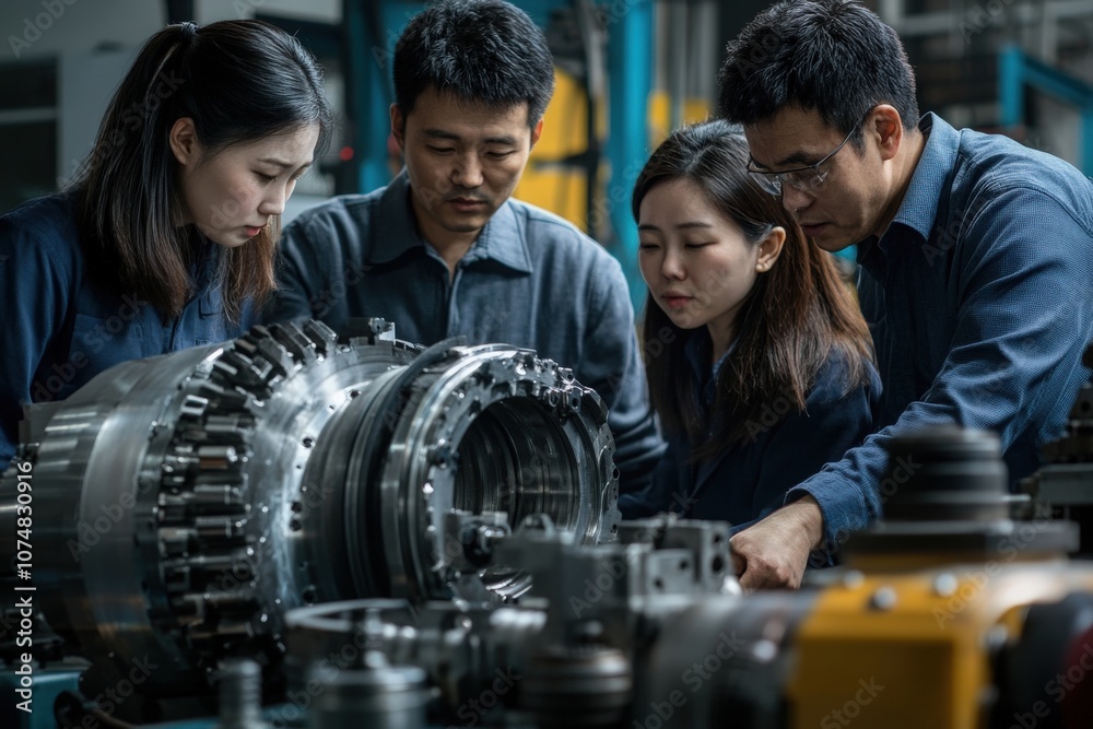 A group of four Asian professionals examines complex machinery parts together, focusing on quality control in a manufacturing environment. Their teamwork highlights dedication to precision.