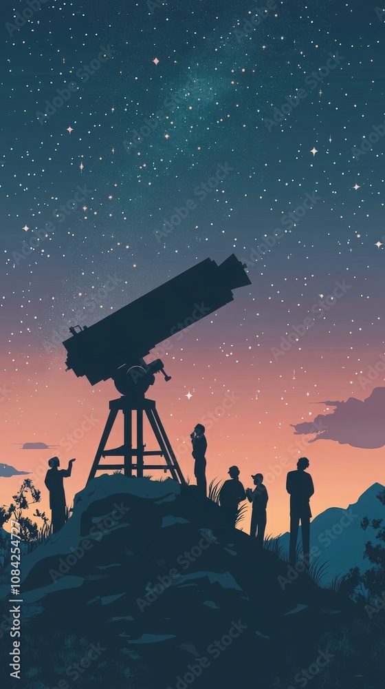 A group of people gathers at dusk on a mountaintop observatory to observe the night sky through a massive telescope. The stars twinkle above, creating a captivating experience.