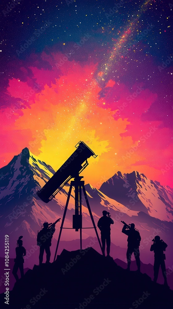 A group of stargazers gather around a large telescope on a mountaintop, pointing at the vibrant sky filled with stars and a galactic band of light.