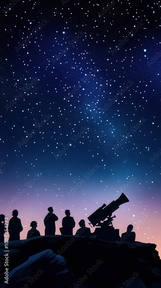 A group of stargazers stands silhouetted against a starry night sky while observing celestial bodies through a large telescope on a mountaintop. The atmosphere is tranquil and awe-inspiring.