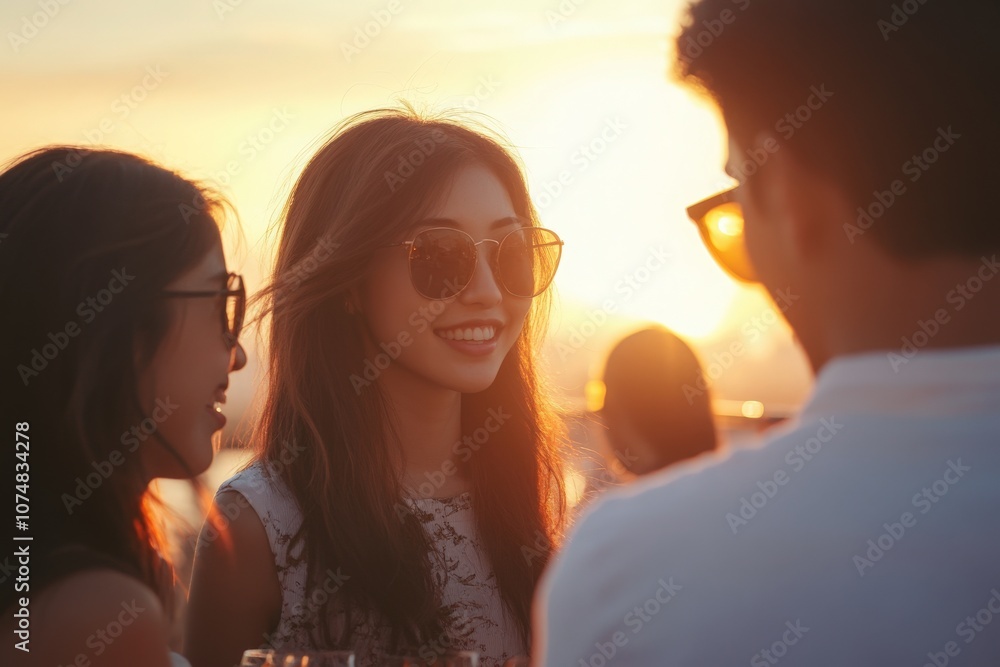 A group of young Asian friends socializes on a rooftop during sunset, sharing drinks and laughter while enjoying the beautiful scenery and vibrant atmosphere.