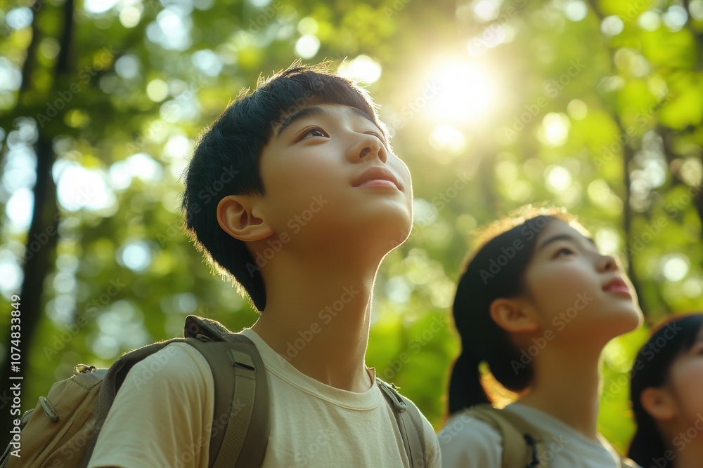A group of young Asian individuals stands in a vibrant forest, looking up at the trees while breathing in the fresh air. Sunlight filters through the leaves, creating a serene atmosphere.