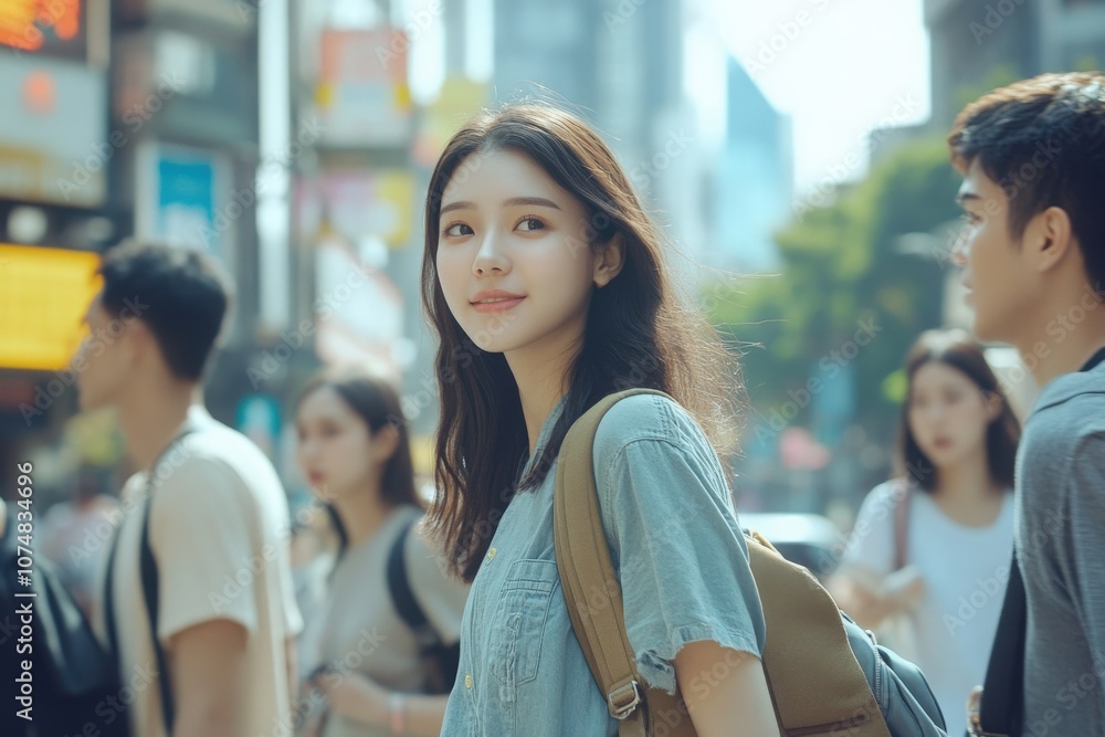 A group of young Asian individuals strolls through a lively urban area, enjoying the warm sun and vibrant atmosphere while engaging with the city around them.