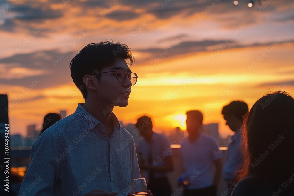A group of young Asian people socialize and share drinks on a rooftop as the sun sets, creating a vibrant atmosphere filled with laughter and conversation against a stunning skyline backdrop.