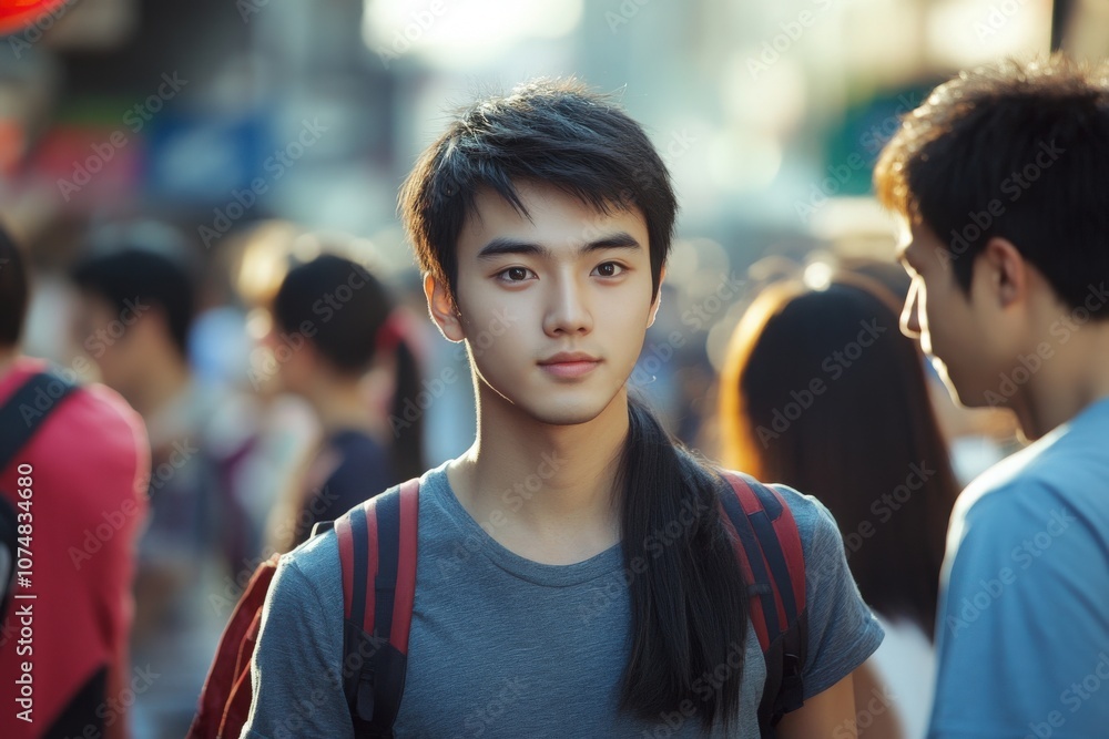 A group of young Asian people strolls through a bustling city filled with vibrant shops and crowds. The atmosphere reflects the energy of city life, as people engage in various activities.