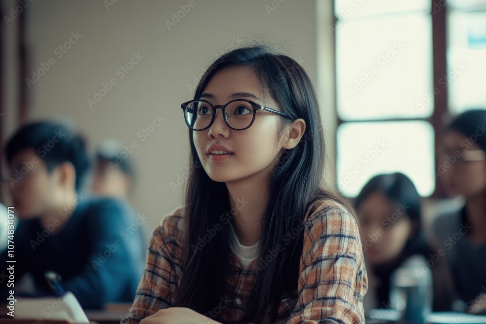 A group of young Asian students are focused on their studies in a classroom. One student wearing glasses appears attentive while listening to the teacher during a lesson.