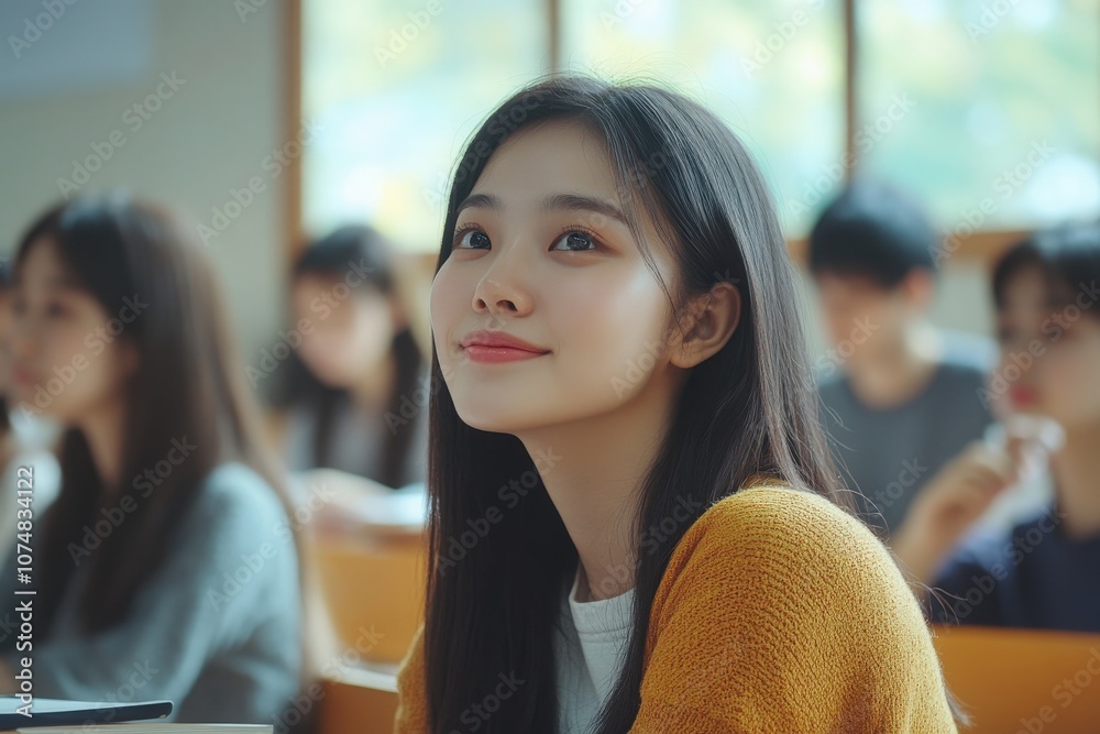 A group of young Asian students focuses intently in a classroom filled with natural light. One student smiles softly, indicating her interest in the lesson being taught.