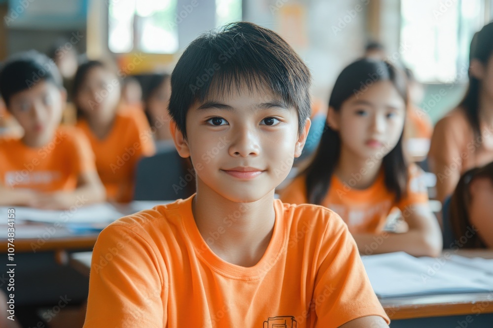 A group of young Asian students sits attentively in a bright classroom, focused on their studies. Several children wear bright orange shirts, showcasing a lively and energetic learning environment.