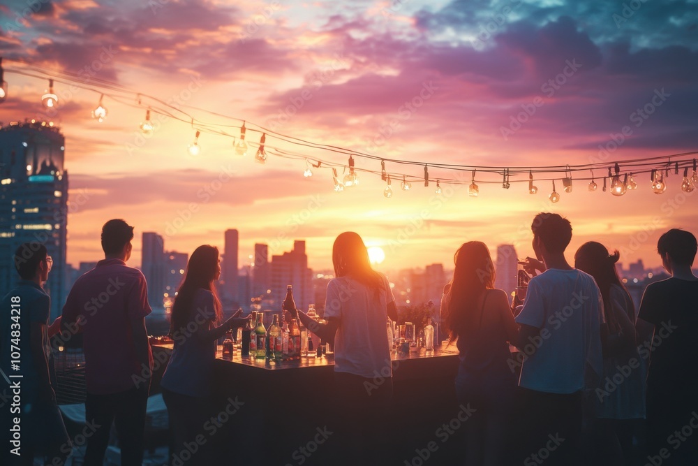 A group of young individuals socialize at sunset on a rooftop, surrounded by a city skyline and enjoying drinks. The warm colors of the evening sky create a vibrant atmosphere for their gathering.