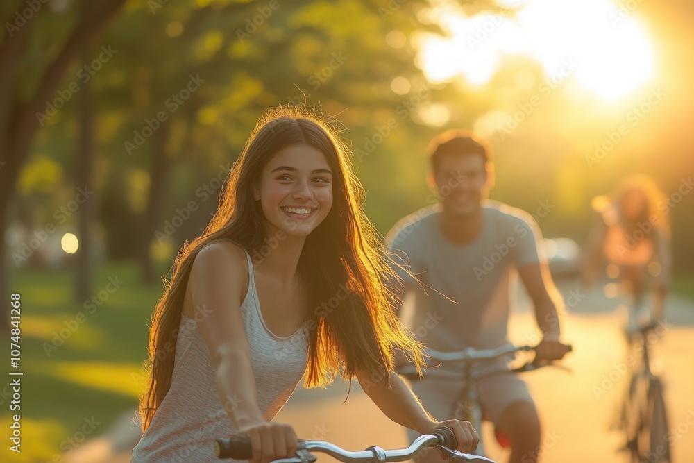 A group of young millennials enjoys a leisurely bike ride in a picturesque park during a bright afternoon. The sunlight creates a warm and inviting atmosphere as they share smiles.