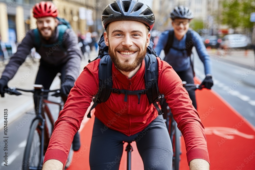 A group of young millennials enjoys biking together on a vibrant city street. They are smiling and riding alongside each other under clear skies, embracing the energy of urban exploration.