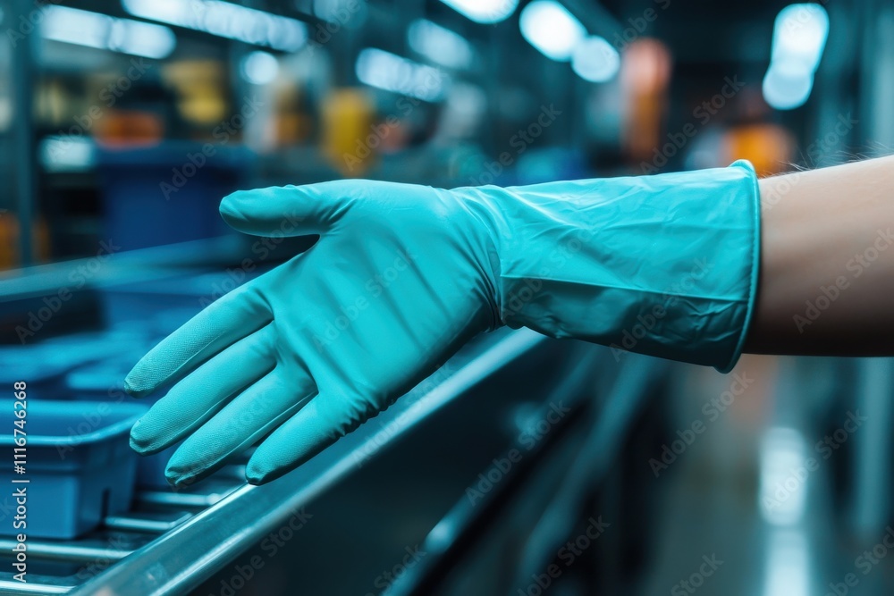 A hand clad in a blue rubber glove reaches out, suggesting an offer of help or guidance in a sterile environment. The surroundings are well-lit and organized, indicating a professional atmosphere.
