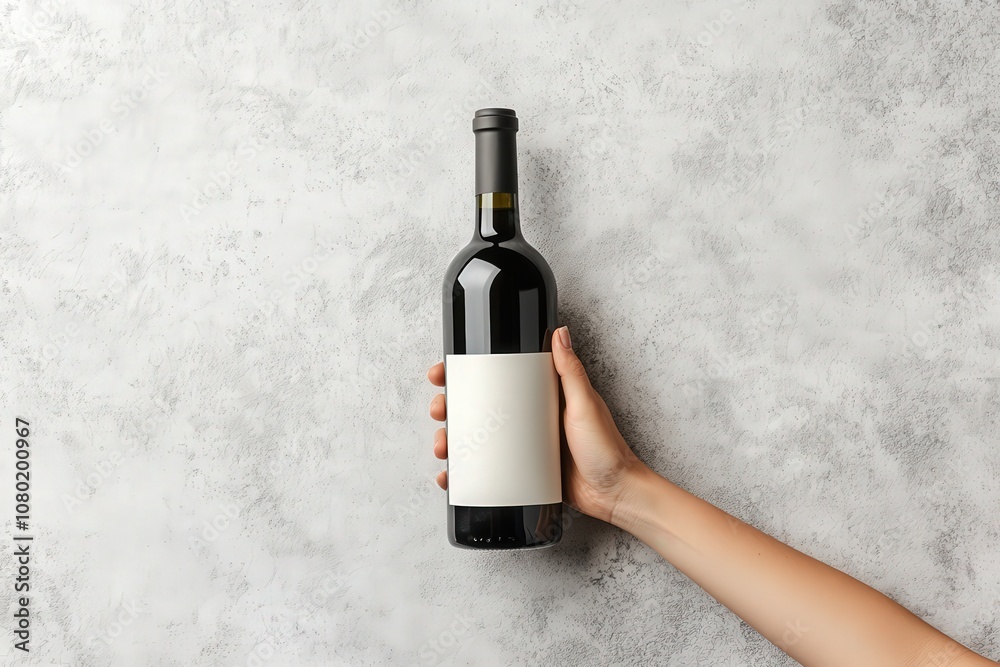 A hand clasps a dark wine bottle featuring a blank label, set against a soft light gray backdrop, perfect for showcasing a brand or design concept.