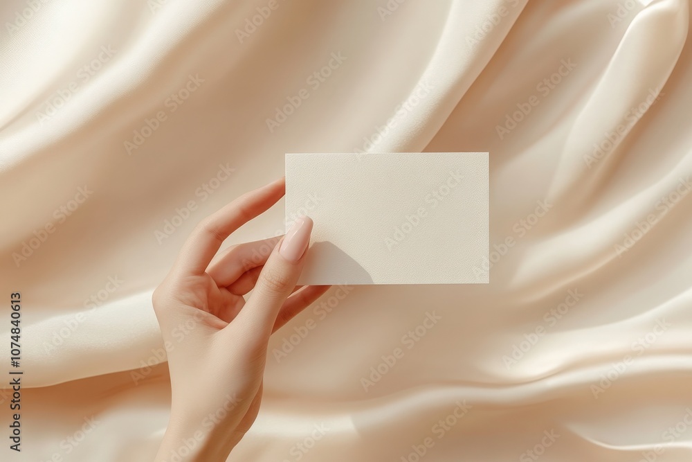 A hand delicately grasps a soft beige invitation card mockup. The card is set against a smooth, muted fabric, creating an elegant and serene atmosphere perfect for event planning.