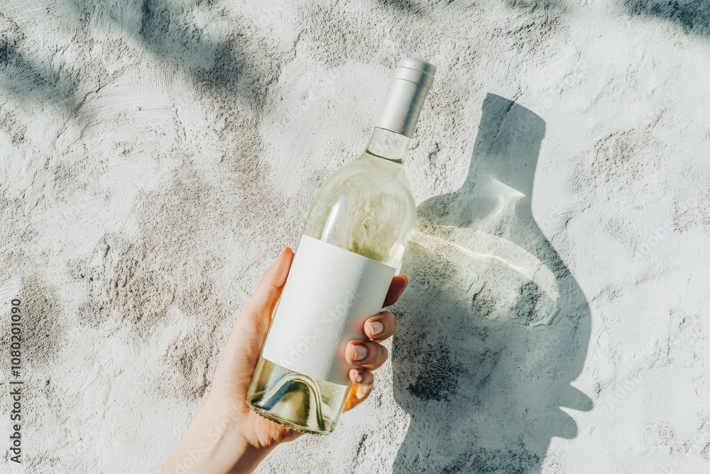 A hand displays a light gray wine bottle mockup with a blank label, creating a striking contrast against the textured wall. The setting highlights simplicity and elegance.