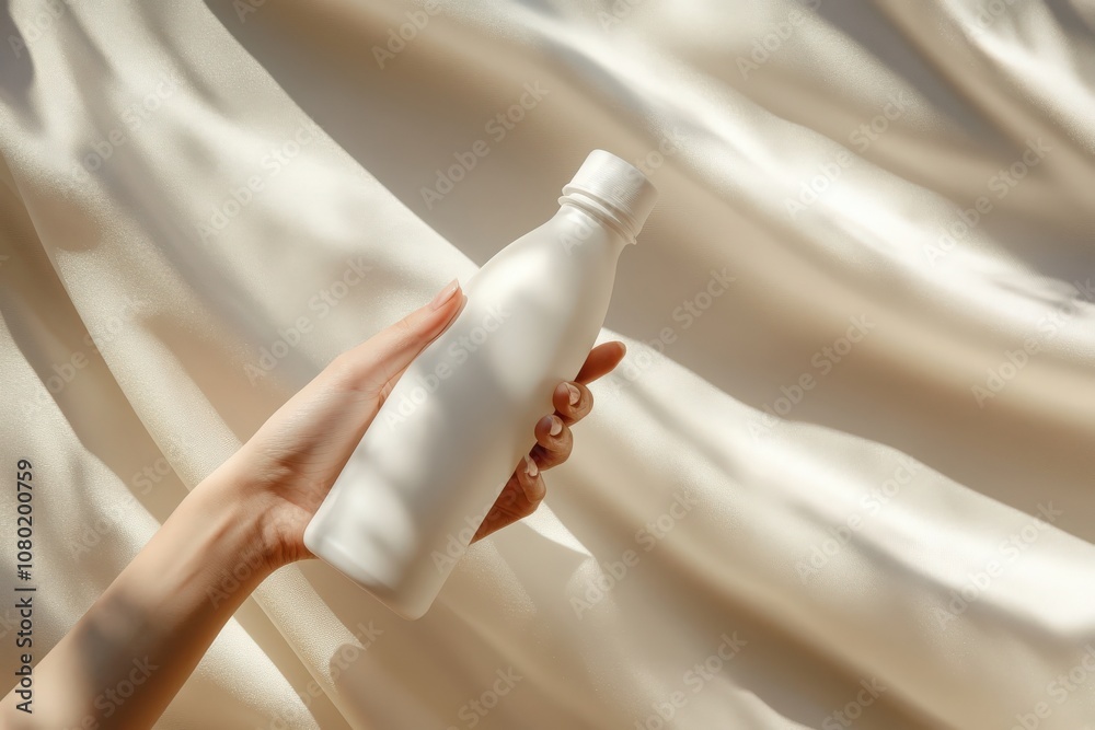 A hand elegantly grips a water bottle mockup in soft beige tones, set against a backdrop of smooth, flowing fabric. The gentle lighting enhances the textures and colors, creating a serene atmosphere.