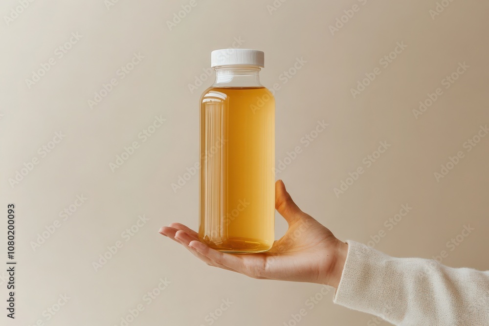 A hand elegantly holds a kombucha bottle mockup filled with a golden beverage. The soft beige background enhances the stylish presentation, creating a soothing visual appeal.