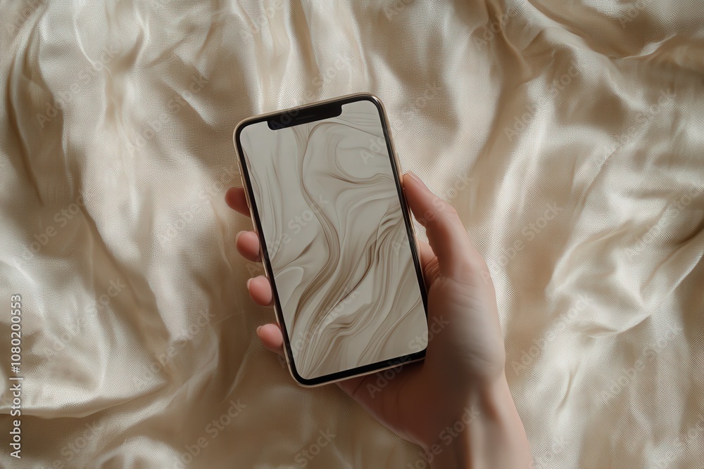 A hand elegantly holds a smartphone mockup displaying a soft beige design. The luxurious fabric beneath enhances the minimalist aesthetic, creating a serene and stylish atmosphere.