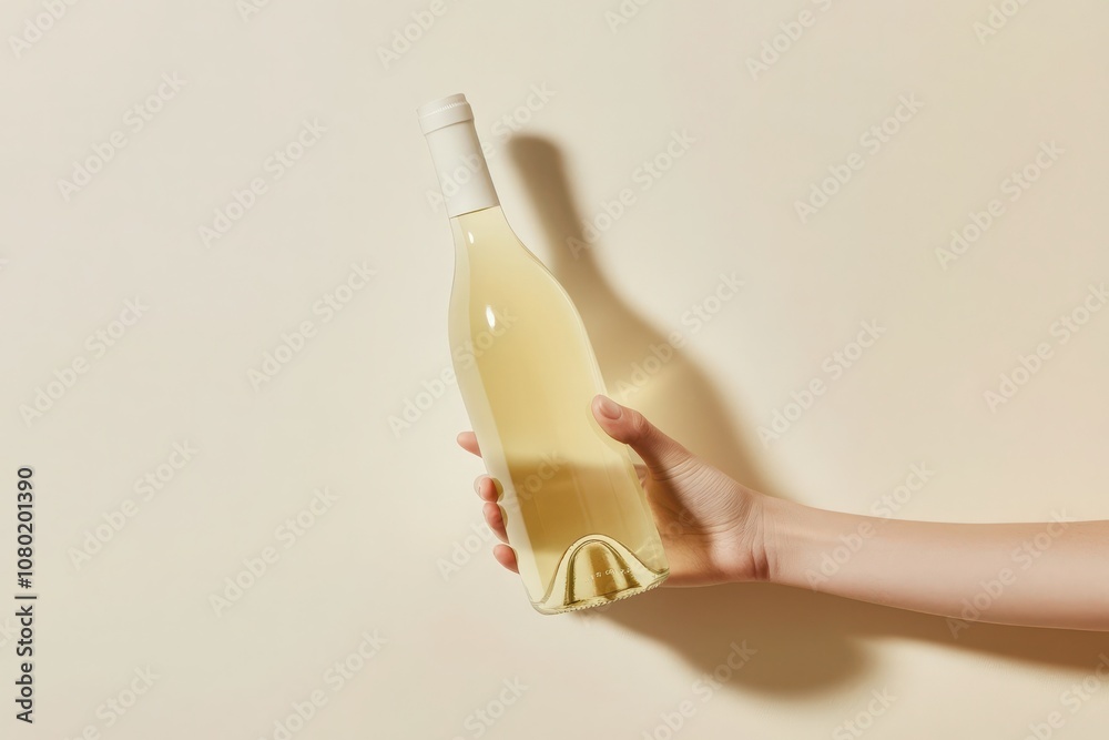 A hand elegantly holds a soft beige wine bottle mockup against a neutral backdrop, perfect for showcasing branding concepts. The bottle design is minimalist and stylish, ideal for marketing.