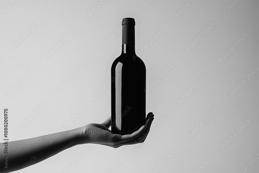 A hand elegantly holds a wine bottle mockup, showcasing its design against a soft light gray background. This minimalist presentation emphasizes style and sophistication in beverage promotion.