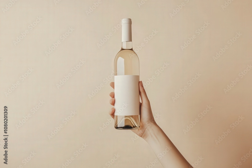 A hand elegantly presents a mockup white wine bottle with a blank label against a soft beige background, creating an appealing display for design concepts or product promotions.