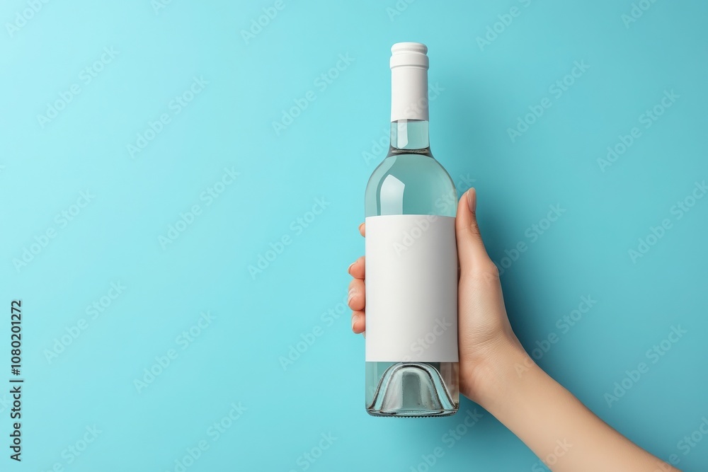 A hand elegantly presents a wine bottle mockup featuring a blank label. The backdrop is a calming pastel blue, ideal for showcasing branding concepts or product designs.