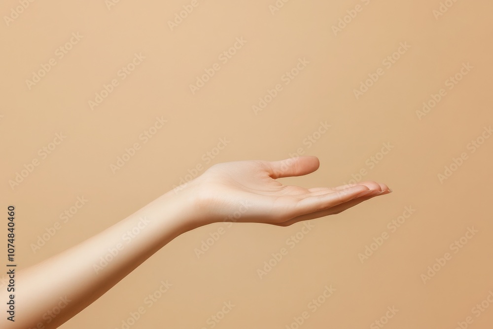 A hand extends out to showcase a soft beige flyer mockup, perfectly blending with the minimalistic beige background. The subtle tones create a neutral and elegant presentation.