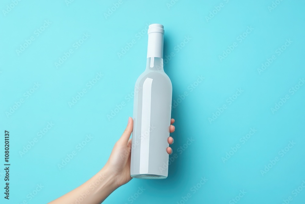 A hand firmly grips a clear wine bottle mockup with a white cap, set against a soft pastel blue backdrop. This composition showcases the elegance of minimalist design, ideal for branding.