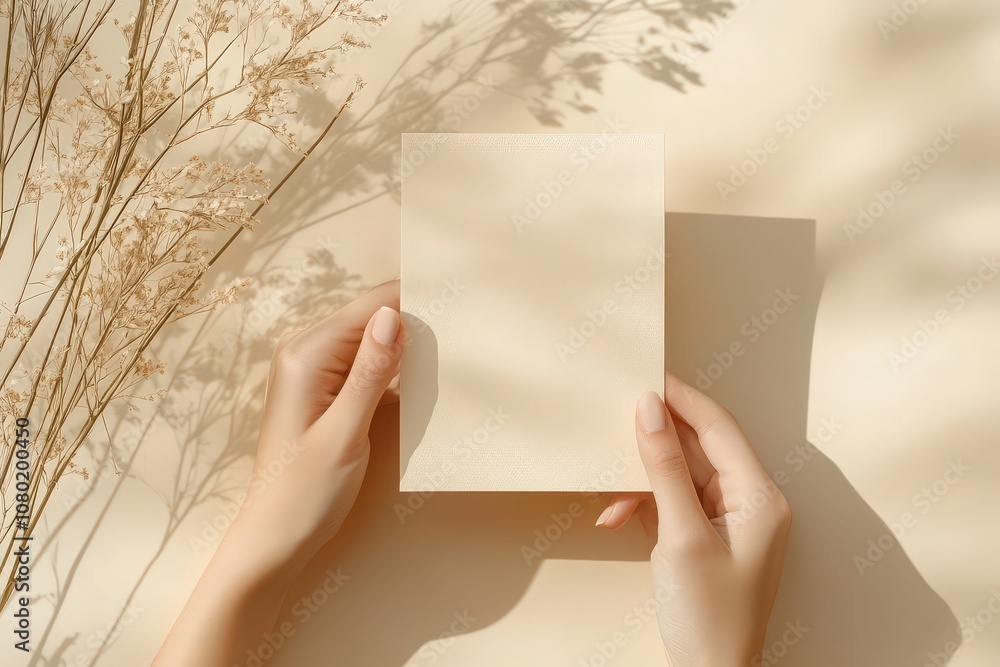 A hand gently cradles a blank postcard mockup in soft beige tones, with the warm, muted background adding a touch of tranquility. The light creates delicate shadows around the scene.