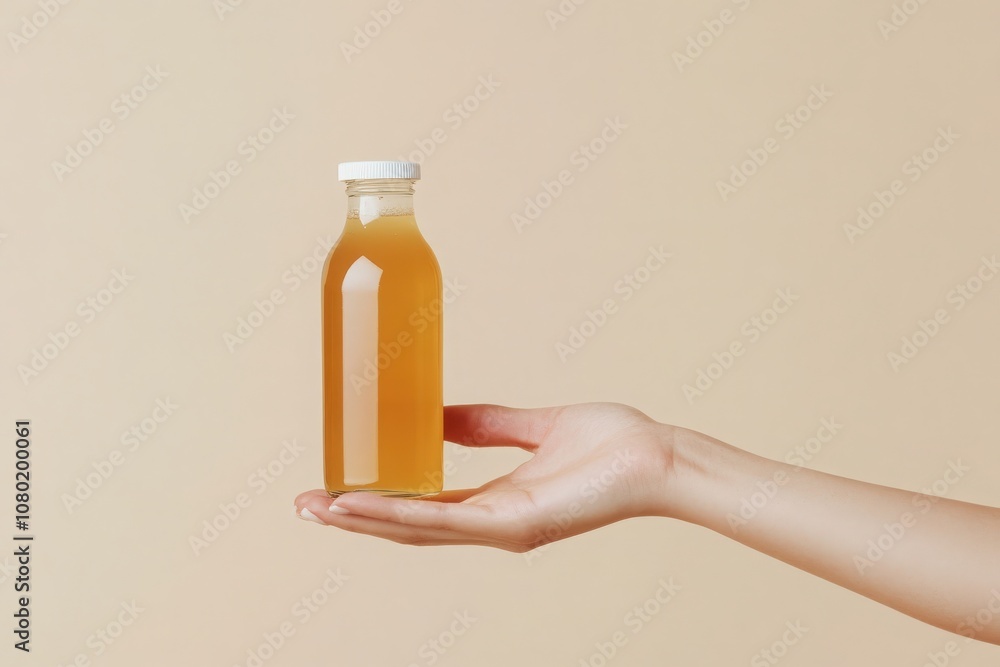 A hand gently cradles a kombucha bottle mockup, showcasing its amber liquid against a soft beige backdrop. This image conveys a sense of health and wellness, inviting a mindful lifestyle.