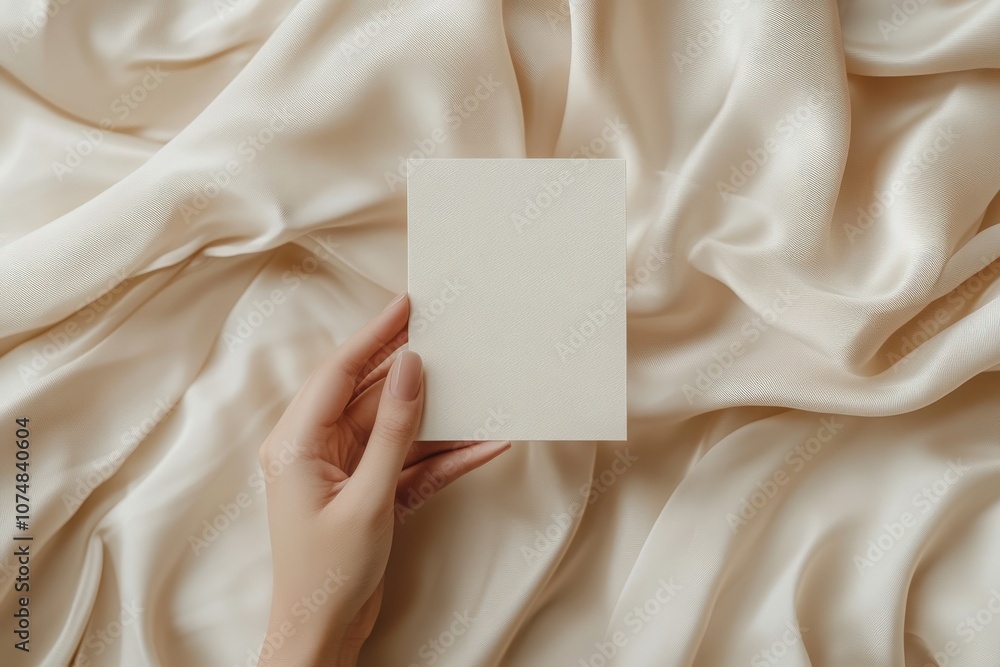 A hand gently grasps a soft beige invitation card mockup, which rests upon a smooth, silky fabric. The scene conveys elegance and sophistication in a minimalist setting, perfect for events.
