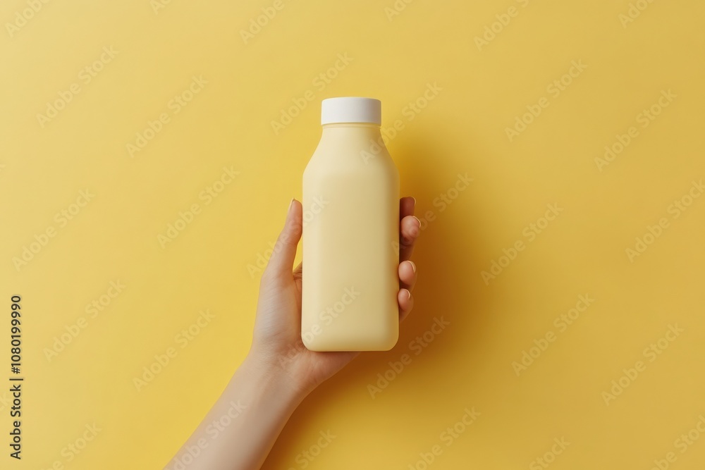 A hand gently grips a mockup bottle filled with warm cream juice, set against a vibrant yellow backdrop. The bottles simple design emphasizes the color and texture of the beverage.