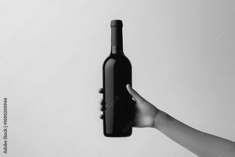 A hand gently grips a sleek black wine bottle, showcasing it against a minimalistic light gray backdrop. This mockup is ideal for promoting wine products or design concepts.