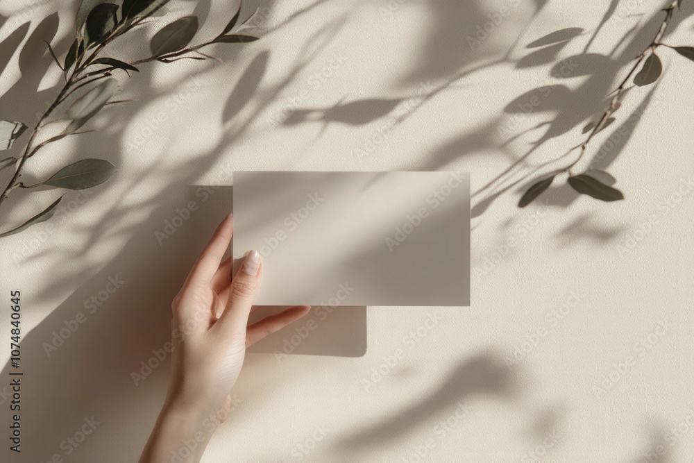 A hand gently holds a blank invitation card mockup set against a soft beige background. Shadows from nearby foliage create a serene and inviting atmosphere.