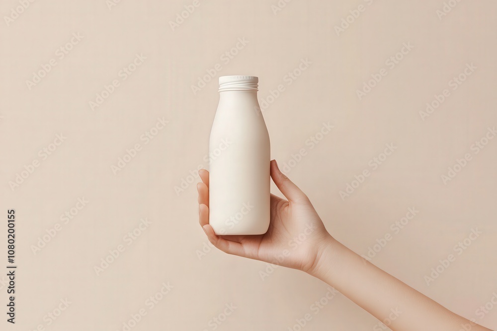 A hand gently holds a smooth, unbranded milk bottle mockup, featuring a minimalist design against a soft beige backdrop. The natural light highlights the bottles clean lines.