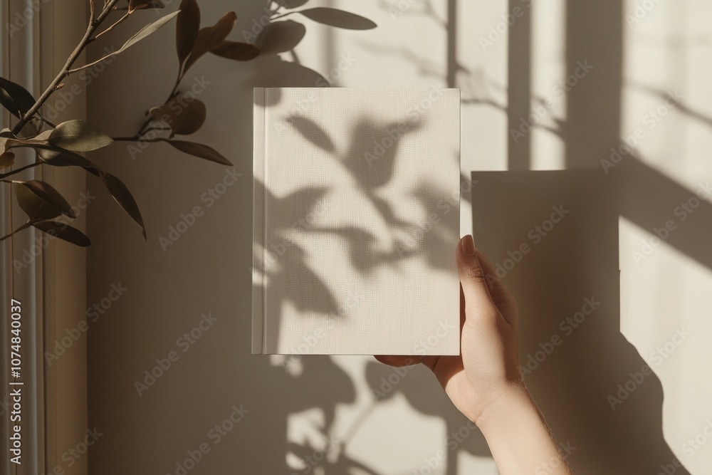 A hand gently holds a soft beige brochure mockup, set against a wall illuminated by sunlight, casting intricate shadows from nearby plants. The atmosphere is calm and inviting.
