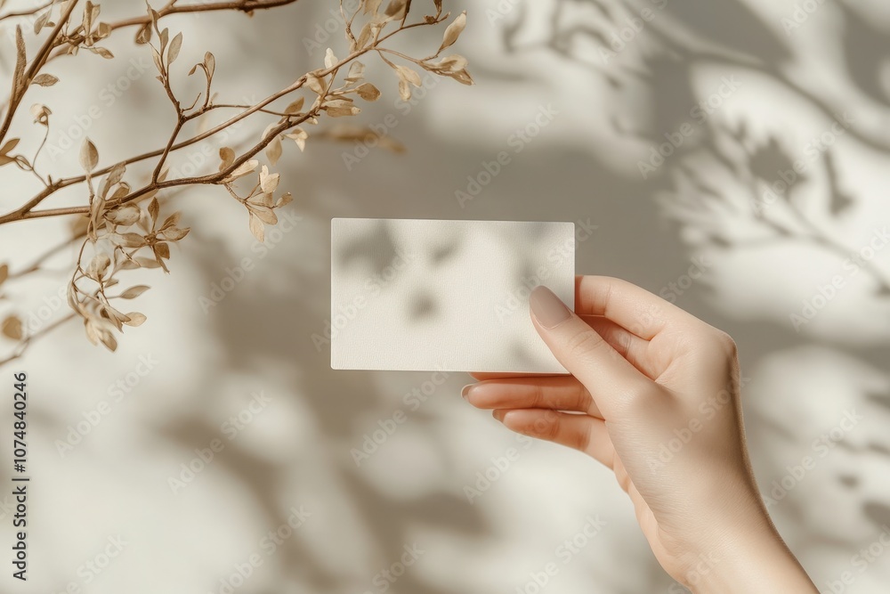 A hand gently holds a soft beige business card mockup, surrounded by the intricate shadows of nearby branches. The minimalist composition emphasizes elegance and simplicity.