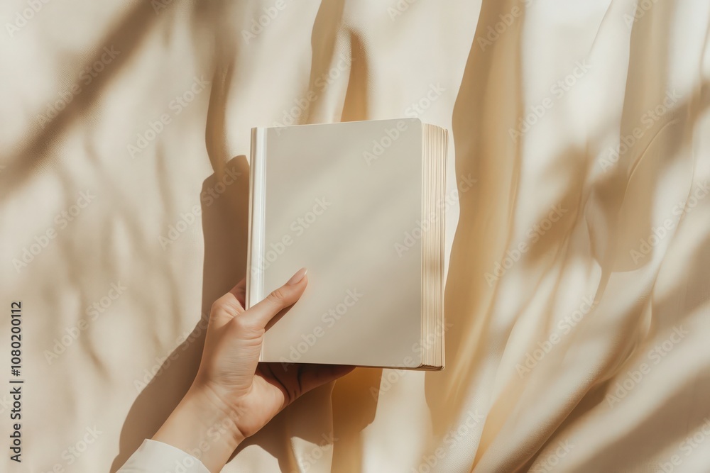 A hand gently holds a soft beige magazine mockup, showcasing its smooth texture and neutral color. The soft lighting creates a warm atmosphere, casting delicate shadows around the object.