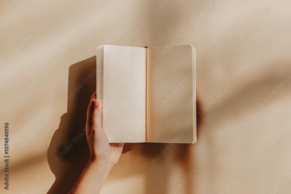 A hand gently holds an open brochure mockup against a soft beige background with natural light illuminating the scene, creating a warm and inviting atmosphere.