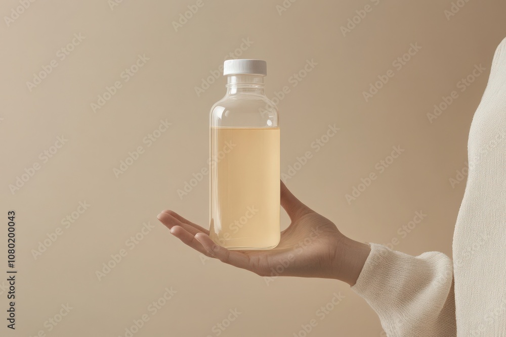 A hand gently supports a clear kombucha bottle filled with a pale liquid against a soft beige background, emphasizing a minimalist aesthetic and highlighting the drinks refreshing appeal.