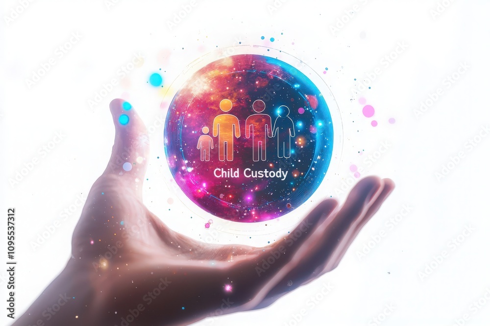 A hand gently supports a glowing orb that contains symbolic representations of family members, highlighting the theme of child custody.