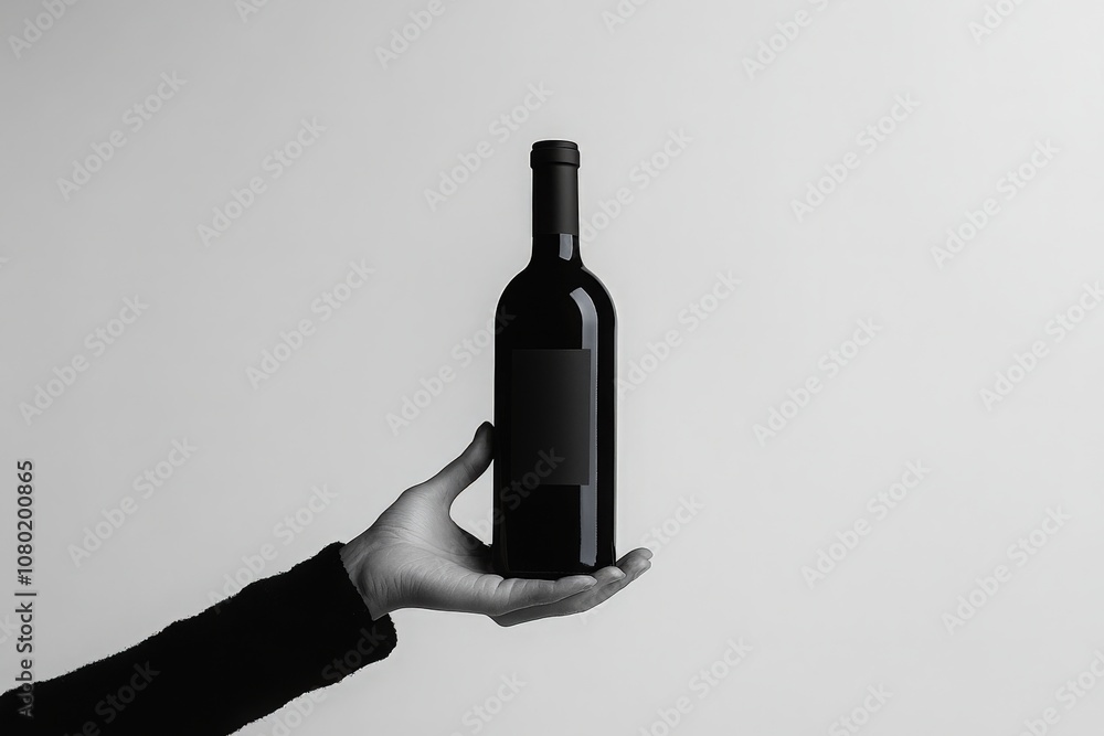 A hand gracefully holds a sleek wine bottle mockup against a light gray backdrop. The bottle features a blank label, perfect for showcasing custom designs or branding ideas.