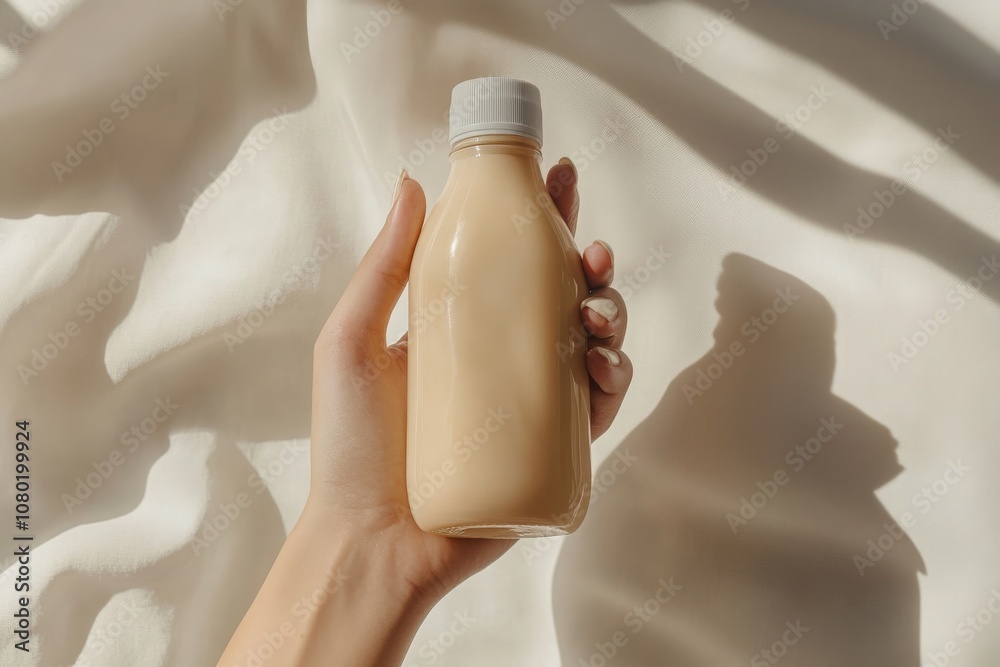 A hand gracefully holds a soft beige juice bottle mockup against a light, textured fabric backdrop, illuminated by gentle natural light, conveying a fresh and minimalist aesthetic.