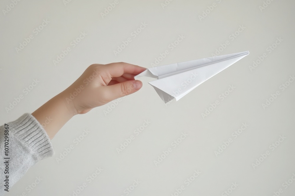 A hand grasps a handmade paper airplane, featuring a small tear, poised for takeoff in an indoor setting, capturing the moment before flight.