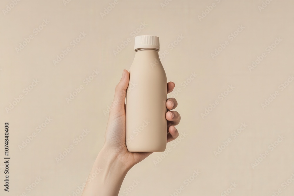 A hand grasps a soft beige cold brew bottle mockup in front of a neutral beige backdrop, creating a minimalist and modern aesthetic that emphasizes the product.