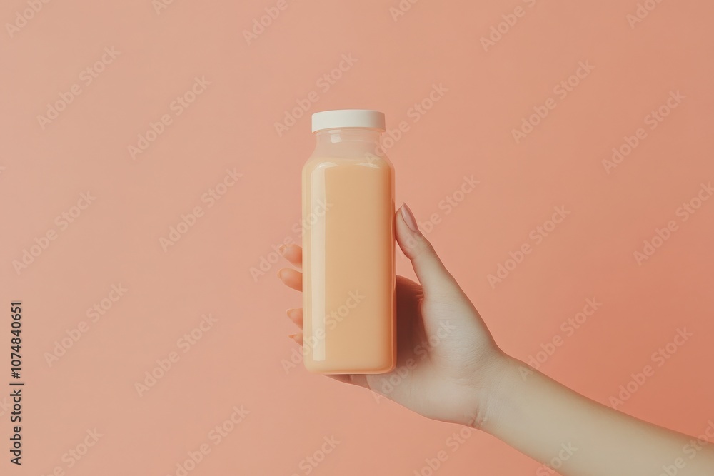 A hand grips a bottle filled with light blush juice, set against a soft, pastel-colored backdrop, creating a fresh and vibrant atmosphere perfect for marketing or design showcase.
