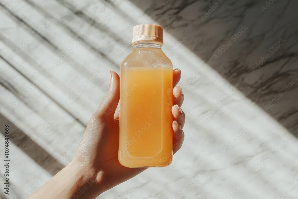 A hand grips a clear juice bottle featuring a light gray mockup. The background features gentle, diagonal shadows, creating an inviting atmosphere.